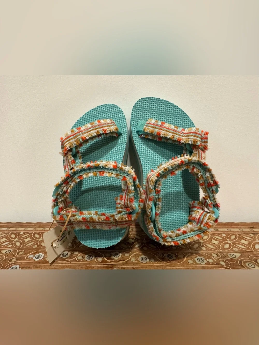 Teva Kids Aqua Footbed Sandal with Striped Frayed Straps